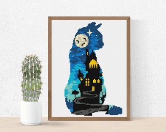 Cat Halloween Cross Stitch Pattern, Haunted House Cross Stitch Pattern Bats , Holiday Modern Stitch , Moon Stars Easy Embroidery Round