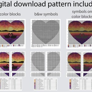 May include: A digital download cross stitch pattern for a heart-shaped design featuring a sunset scene with two swans. The pattern includes color blocks, black and white symbols, and symbols on color blocks.