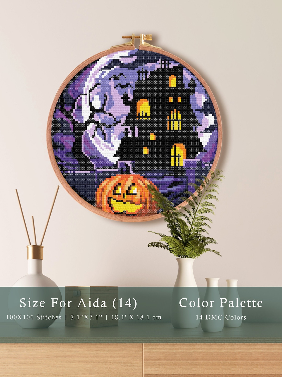 Halloween Haunted House Cross Stitch Pattern, Moon Night Pumpkin ...