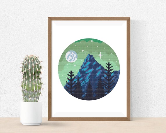 山のクロスステッチパターン、簡単な木の風景の自然のクロスステッチ