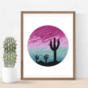 Desert Cactus Cross Stitch Pattern, Easy Landscape Nature Cross Stitch Pattern , Pink Sky Cross Stitch Pattern , Beginner Modern Stitch