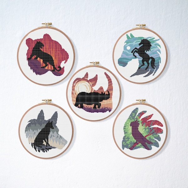 Animals Cross Stitch Pattern Set , Tiger Cross Stitch Pattern , Rhino Embroidery , Wolf Howl point de croix , Horse Pattern , Parrot Bird