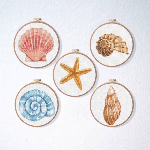 Colorful Sea Shell Cross Stitch Pattern Set , Beach Starfish Cross Stitch Pattern , Pearl Cross Stitch Bundle , Beginner Ocean Pattern