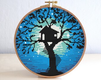 Night Stars Cross Stitch Pattern Nursery Modern Stitch Tree House Cross Stitch Pattern Home Decor Pattern Easy Embroidery Round