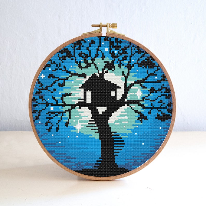 Night Stars Cross Stitch Pattern Nursery Modern Stitch Tree House Cross Stitch Pattern Home Decor Pattern Easy Embroidery Round