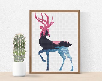 Deer Forest Cross Stitch Pattern, Easy Animal Silhouette Cross Stitch Pattern , Simple Moon Stars Cross Stitch , Colorful Pink Lake Stitch