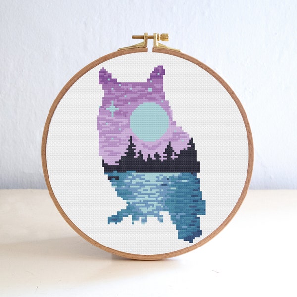 Owl Cross Stitch Pattern, Easy Animal Silhouette Embroidery Pattern , Moon Stars Night Cross Stitch , point de croix , Nature Forest Stitch