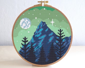 Mountain Cross Stitch Pattern, Easy Trees Landscape Nature Cross Stitch Pattern , Blue Sky Night Cross Stitch , Beginner Forest Embroidery
