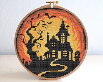 Halloween Haunted House Cross Stitch Pattern, Bats Night Stars Cross Stitch Pattern , Holiday Modern Stitch , Easy Embroidery Round