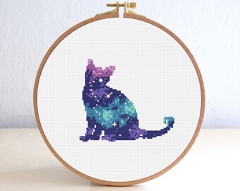 Galaxy Cat Cross Stitch Pattern, Animal Silhouette Cross Stitch PDF , Beginner Embroidery Stars , Easy Nursery point de croix , Pet Pattern