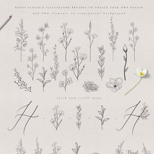 May include: A set of black and white floral illustrations, including individual flowers, leaves, and a floral wreath. The text "Floral Frame" is included in the image.