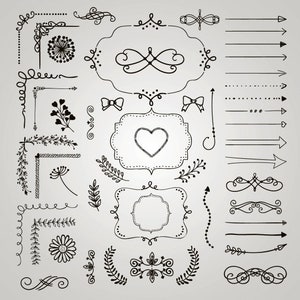 Elementos decorativos rústicos desenhados à mão, objetos, divisórias, redemoinhos caligráficos, setas, cantos, galhos. Ilustração vintage.