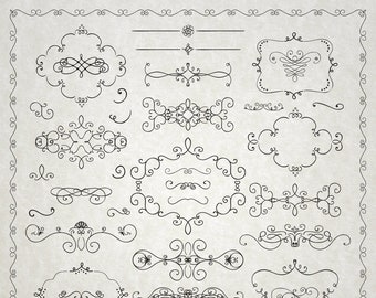 Black Hand Drawn Rustic Doodle Design Elements. Decorative Swirls, Scrolls, Text Frames, Dividers, Corners. Vintage Vector Illustration.Logo