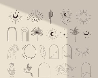 Bohemian Modern Arch Logo Elements. Sculpture, maiden, florals, branches. Nu, Flower, Desert, Antique, Social Media, Blog, Feminine. Tattoo.