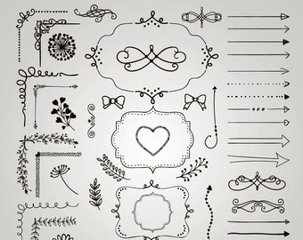 Sketched Rustic Decorative Hand Drawn Elements, Objects, Dividers, Calligraphic Swirls, Arrows, Corners, Branches. Vintage Illustration.