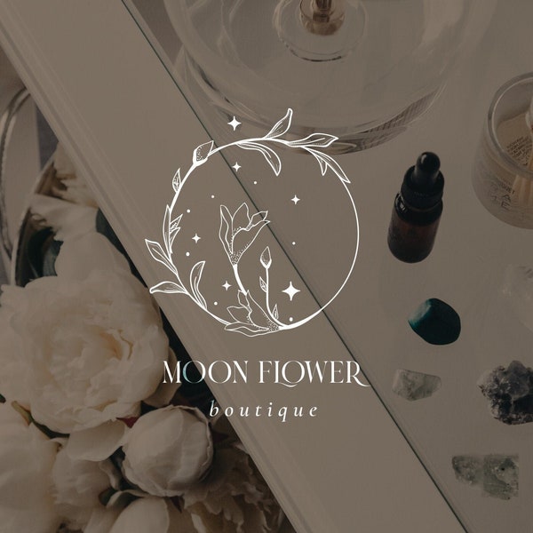 Premade Moon Flower Brand Logo Design for Blog, Business. Bohemian, Mystic, Spiritual, Floral Logo, Line Logo, Leaf Logo, Lily of the valley