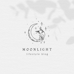 Premade Moon Brand Logo Design for Blog or Small Business, Line Art Nature Floral Logo Branding, Feminine Logo for Yoga Studio, hand drawn