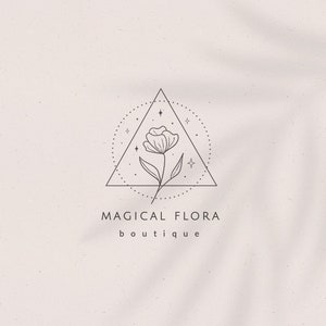 Vorgefertigtes Markenlogo Design für Kleinunternehmer, Line Art Floral Logo Branding, handgezeichnete Blume, Sterne in geometrischem Dreieck und runden Rahmen Bild 1