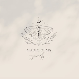 Logotipo da marca Magic Gems pré-fabricado e design de embalagem para blog ou pequena empresa, logotipo da marca Line Art Nature, feminino, pedra preciosa, joias