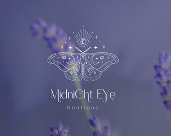 Premade Mystic Butterfly merklogo-ontwerp voor blog of kleine onderneming, lijntekeningen natuur spirituele logo-branding, ooglogo, edelsteen, sterren