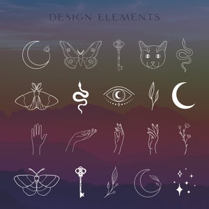 May include: A set of 18 minimalist line art design elements, including a crescent moon, a butterfly, a key, a cat, a snake, an eye, a hand, a flower, and stars. The design elements are in white on a gradient background of purple, pink, and blue.