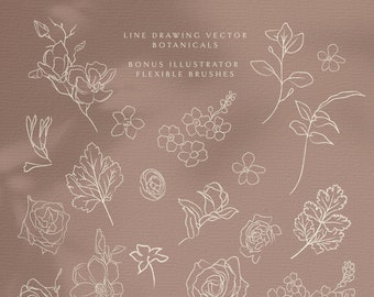 Line clipart hand drawn fine art graphic blossom botanical line art , white florals, SVG flowers, Illustrator brushes, flowers, leaves