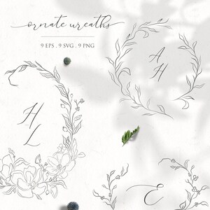 May include: A set of nine black and white line art floral wreaths with various floral designs. The wreaths are perfect for adding a touch of elegance to any project.