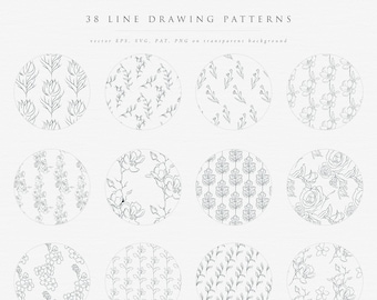 38 Line Drawing Floral Patterns ~ collection of elegant hand drawn seamless patterns with flowers, leaves, branches ~ SVG, EPS, PNG, pat