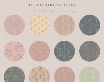 38 Fine Art Floral Patterns ~ collection of colorful hand drawn seamless patterns with flowers, leaves, branches ~ SVG, EPS, JPG, pat