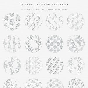 38 Line Drawing Floral Patterns ~ collection of elegant hand drawn seamless patterns with flowers, leaves, branches ~ SVG, EPS, PNG, pat