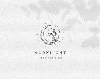 Premade Moon Brand Logo Design for Blog or Small Business, Line Art Nature Floral Logo Branding, Feminine Logo for Yoga Studio, hand drawn