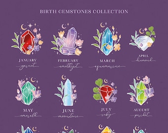 Hand Painted Birthstones Gems Illustration Collection, set of healing crystals. Colored Flowered gem stones with moon and stars. Astrology.