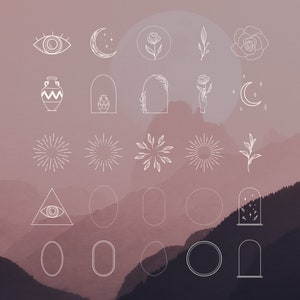 White Logo Elements, Frames, Sunbursts. Logo Design Elements. Decorative Icons. Sacred, Cosmos, Spirit, Spiritual. Crescent And Stars. image 1