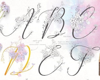handwritten Flowered Monograms, Uppercase Alphabet. AMPERSAND, pencil drawing, svg, EPS, jpg, png.