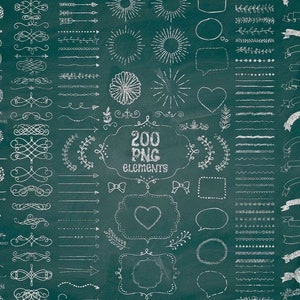 Puede incluir: Colección de 200 elementos PNG en tiza blanca sobre un fondo verde oscuro. Incluye flechas, rayos de sol, bocadillos, corazones, cintas, bordes florales y adornos decorativos. El texto "200 PNG elements" está presente.