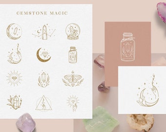 Logo Designs with Gemstones Vector. Jewelry, Magical, Moon, Moonstone, Sacred, Space, Sphere, Spiritual, Sunbursts, Triangle, Witchcraft