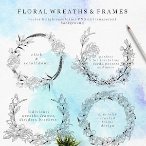 Könnte beinhalten: Ein Satz schwarzer und weißer Blumenkränze, Rahmen, Trennlinien und Klammern. Die floralen Designs sind filigran und zart und zeigen Blumen, Blätter und Farne. Der Text "click & scroll down" und "perfect for invitation cards, posters and more" ist im Bild enthalten.