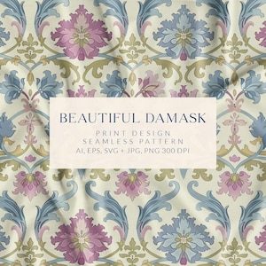 Peut inclure: Motif de damas sans couture avec des motifs floraux et des volutes dans des tons de bleu, rose et or sur fond crème. Le texte "BEAUTIFUL DAMASK" est affiché sur un rectangle blanc. Le design est disponible en formats AI, EPS, SVG, JPG et PNG.