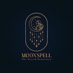 Könnte beinhalten: Eine goldene Umrandung eines Frauen Gesichts in einem Halbmond mit Sternen und herabhängenden Sternen darunter. Der Text "MOONSPELL" befindet sich unter dem Bild und der Text "The Sacred Femininity" darunter.
