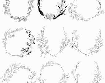 Geometric vector floral wreath. SVG, EPS, PNG. Round, oval. Hand drawn delicate flowers, branches, leaves, blossom, laurel, rustic botanical