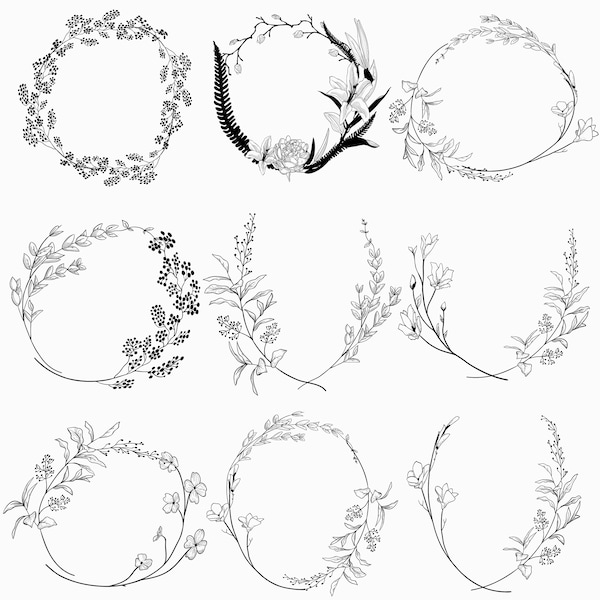 Geometric vector floral wreath. SVG, EPS, PNG. Round, oval. Hand drawn delicate flowers, branches, leaves, blossom, laurel, rustic botanical