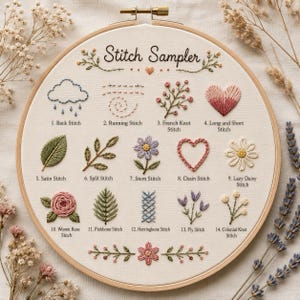 May include: An embroidery hoop containing a cream-colored fabric with the text Stitch Sampler and fourteen numbered embroidery stitch examples. The designs include a cloud, heart, flowers, and leaves in various colors like pink, blue, and green.