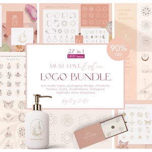 May include: A digital illustration bundle of 27 pre-made logos, packaging designs, elements, frames, icons, illustrations, Instagram highlight story templates, and more. The bundle features a celestial theme with moons, stars, and other celestial imagery. The text "MUST HAVE Estime LOGO BUNDLE" is featured in the center of the image.