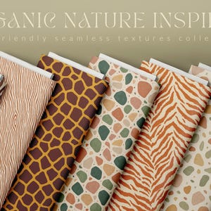 May include: A collection of eco-friendly seamless textures with organic nature-inspired designs. The patterns include zebra stripes, wood grain, giraffe spots, terrazzo, tiger stripes, and coral. The text at the top reads "ORGANIC NATURE INSPIRED".