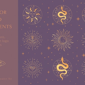 May include: A set of nine gold line art illustrations featuring celestial and mystical symbols, including a sun, moon, stars, a snake, a moth, and a diamond. The illustrations are on a purple background.