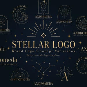 Peut inclure: Une collection de 10 logos dorés représentant le mot "Andromeda" et des images célestes, notamment des étoiles, des lunes et des constellations. Le texte "Stellar Logo" et "Brand Logo Concept Variations" est également inclus dans l'image.