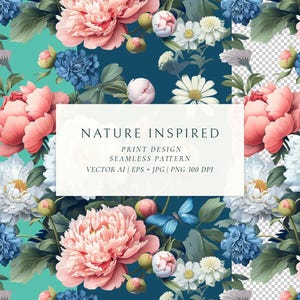 Diseño de estampado de peonías Patrón sin costuras Fondo floral Impresión a pedido Diseño de tela Flores vintage Patrones de papel tapiz sin costuras