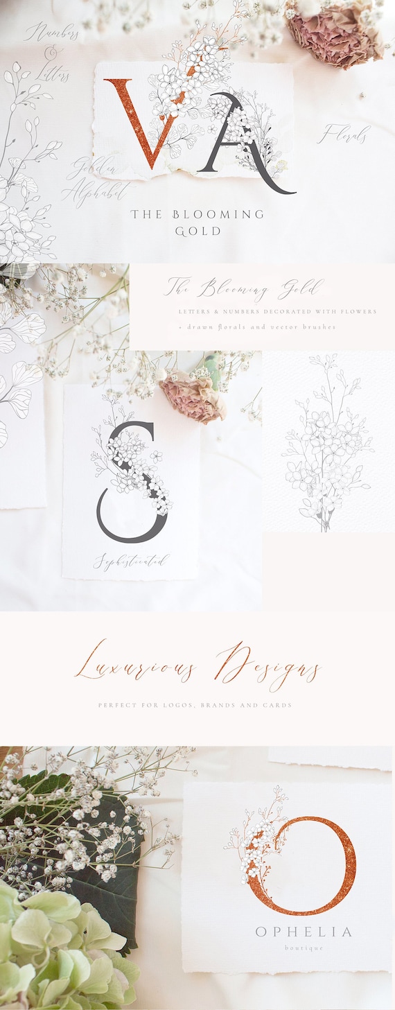 Blooming Gold Floral Letters Numbers Floral Logo Floral Etsy