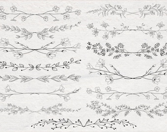 Hand drawn vector floral diveders. SVG, EPS, PNG. Borders decorated with hand drawn delicate flowers, branches, leaves, blossom. Botanical.