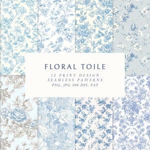 Pode incluir: Doze padrões digitais sem costura com desenhos de toile floral azul e branco. Os padrões são perfeitos para artesanato, scrapbooking e projetos de design digital.